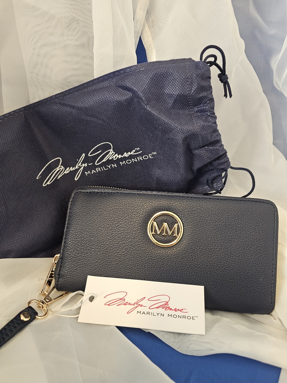 Marilyn Monroe Navy Pebbled Zip Wallet with Gold MM Emblem